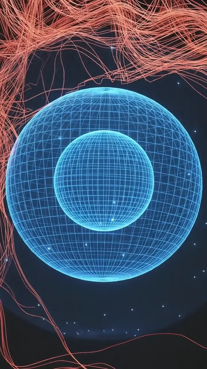 Animation graphique générée par IA : sphère lumineuse et lignes en mouvement