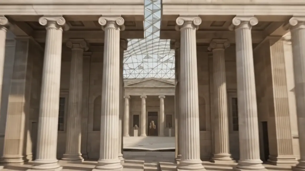 Scène de musée générée par IA, avec verrière, colonnes et objets historiques